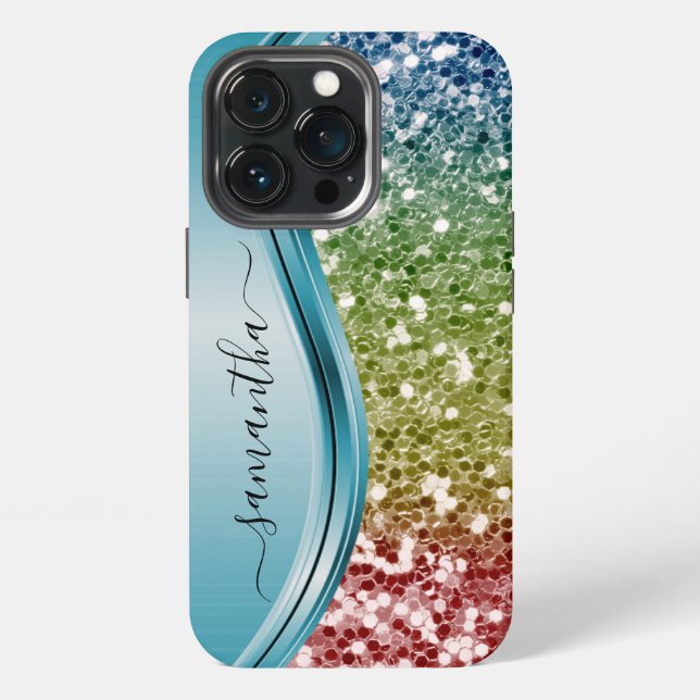 Handwritten Monogram Rainbow Glitter  iPhone Case (Back)
