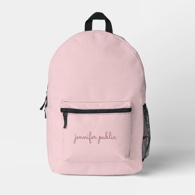 Handwritten Name Blush Pink Solid Colour Feminine Printed Backpack (Front)