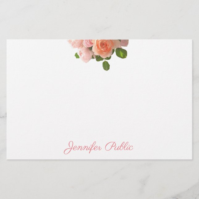 Handwritten Name Floral Template Watercolor Roses Stationery (Front)
