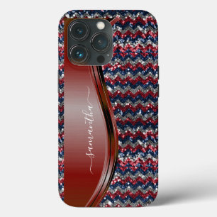 Handwritten Name Glam Red white blue Glitter  iPhone 13 Pro Case