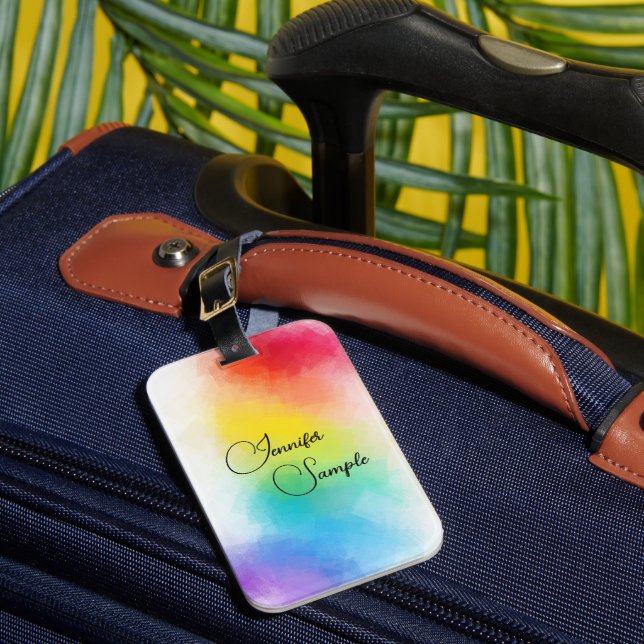 Handwritten Name Modern Trendy Rainbow Colours Luggage Tag (Front Insitu 1)