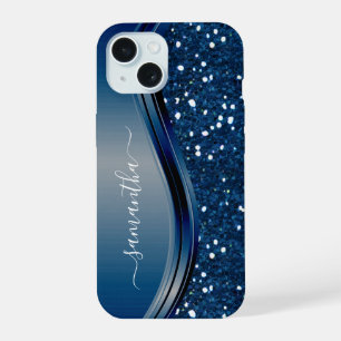 Handwritten Name Navy Blue  Metal Glitter 12 iPhone 15 Case