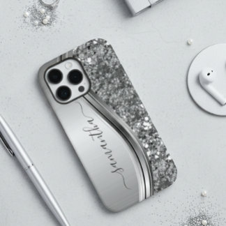 Handwritten Name Silver Metal Glitter 12 iPhone 12 Case