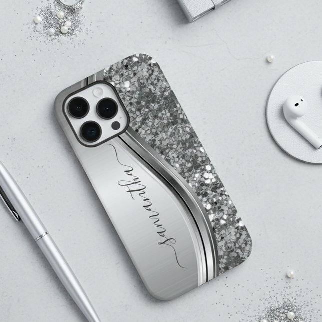 Handwritten Name Silver Metal Glitter 12 Case-Mate iPhone Case (Creator Uploaded)