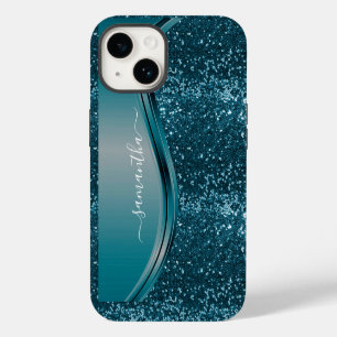 Handwritten Name Teal Blue  Metal Glitter 13  iPhone 14 Case