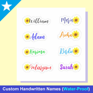 Handwritten Names, Sunflowers: Waterproof Stickers