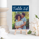 Handwritten Navy Blue Wedding Photo Table Number<br><div class="desc">Wedding table number cards feature an an engagement photo of the bride and groom. White casual handwritten style text with navy blue background colour - note, colours can be modified. To order: type in the table number, click "change" by the default photo to upload your own photo, and add that...</div>