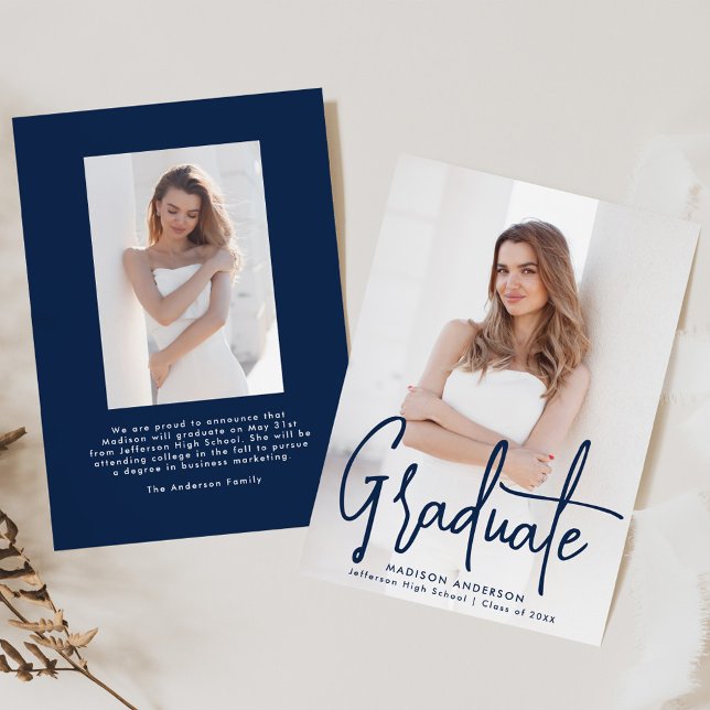 Handwritten Navy Script 2 Photo Graduation Announcement (Creator Uploaded)