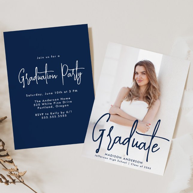 Handwritten Navy Script Photo Graduation Party Invitation (Creator Uploaded)