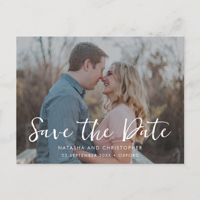 Handwritten Overlay Photo QR Code Save the Date Announcement Postcard (Front)