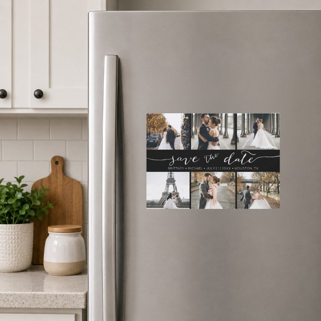 Handwritten Photo Collage Save the Date Black (Chic black six photo save the date magnet featuring elegant handwritten script typography )