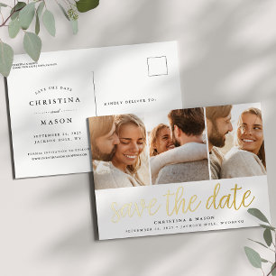 Handwritten Script 3 Photo Wedding Save the Date Foil Invitation Postcard