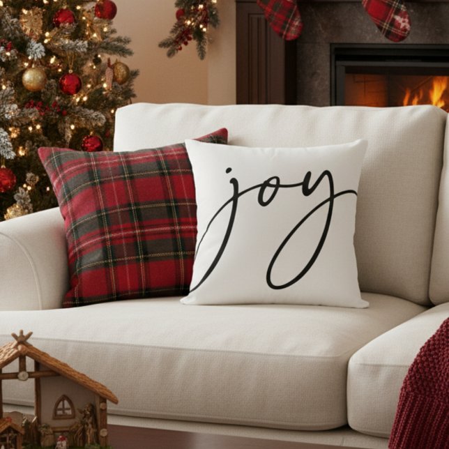 Handwritten Script Black and White Joy Holiday Throw Pillow (Creator Uploaded)