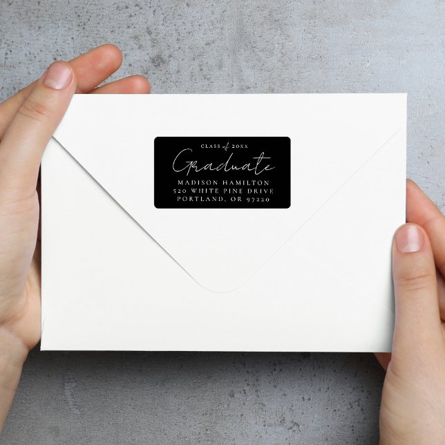 Handwritten Script Black Graduation Return Address Label (Creator Uploaded)