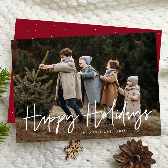 Handwritten Script Burgundy Happy Holidays Photo Holiday Card (Creator Uploaded)