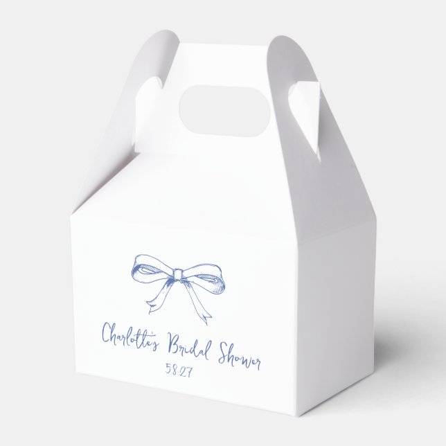 Handwritten Script Coquette Bow Blue Bridal Shower Favor Box (Front Side)