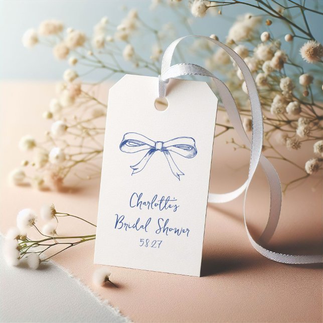 Handwritten Script Coquette Bow Blue Bridal Shower Gift Tags (Creator Uploaded)