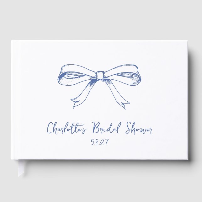 Handwritten Script Coquette Bow Blue Bridal Shower Guest Book (Front)
