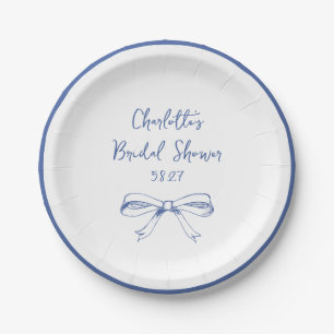 Handwritten Script Coquette Bow Blue Bridal Shower Paper Plate