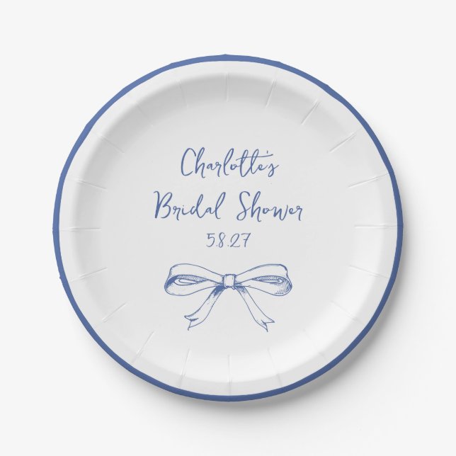 Handwritten Script Coquette Bow Blue Bridal Shower Paper Plate (Front)