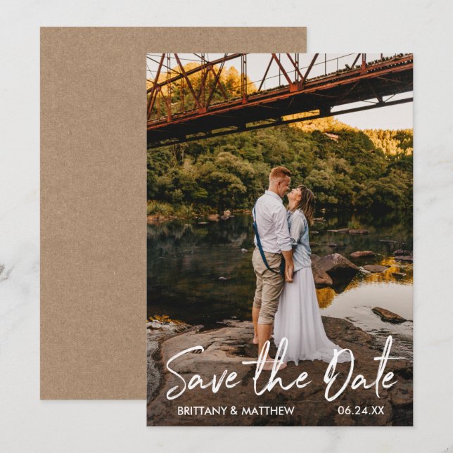 Handwritten Script Couple Photo Kraft Save The Date (Front/Back)