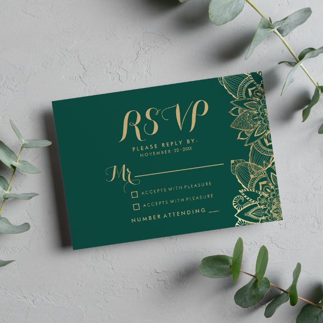 Handwritten script dark green gold mandala RSVP (Handwritten script dark green gold mandala RSVP)