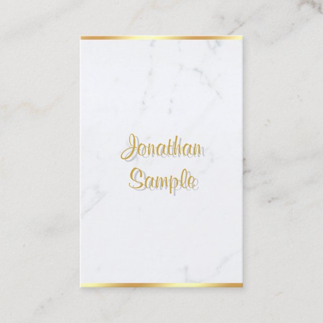 Handwritten Script Elegant White Marble Gold Business Card (Front)