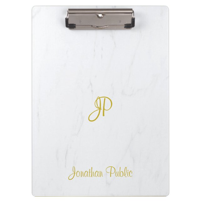 Handwritten Script Gold Monogram Elegant Marble Clipboard (Front)