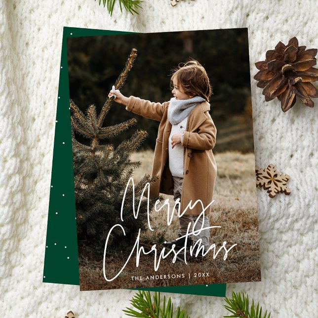Handwritten Script Green Merry Christmas Photo Holiday Card (Creator Uploaded)