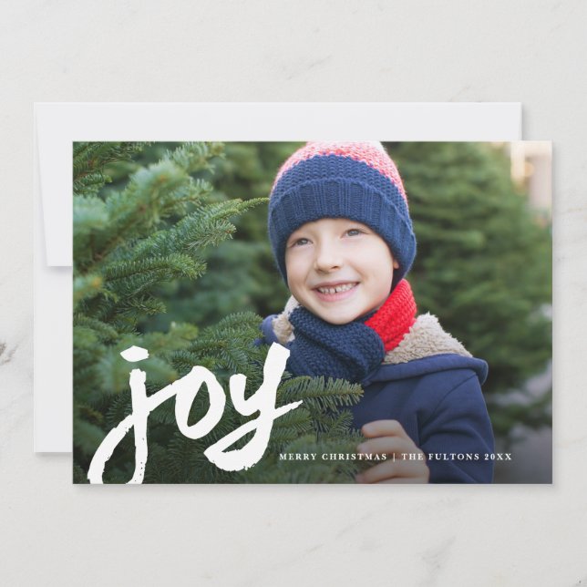 Handwritten Script Joy Photo Christmas Holiday Card (Front)