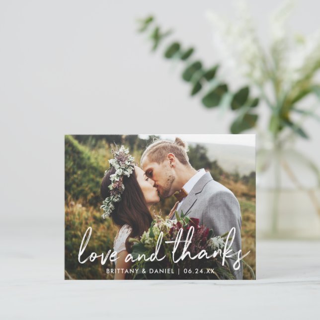 Handwritten Script Love and Thanks Wedding Postcard (Standing Front)