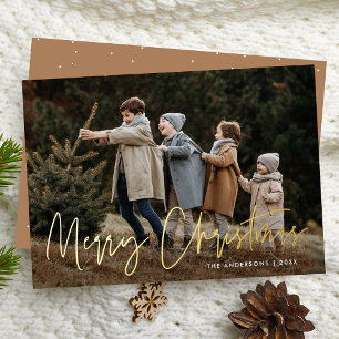 Handwritten Script Merry Christmas Photo Foil Holiday Card