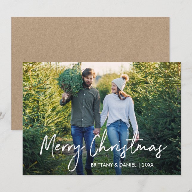 Handwritten Script Merry Christmas Photo Kraft Holiday Card (Front/Back)