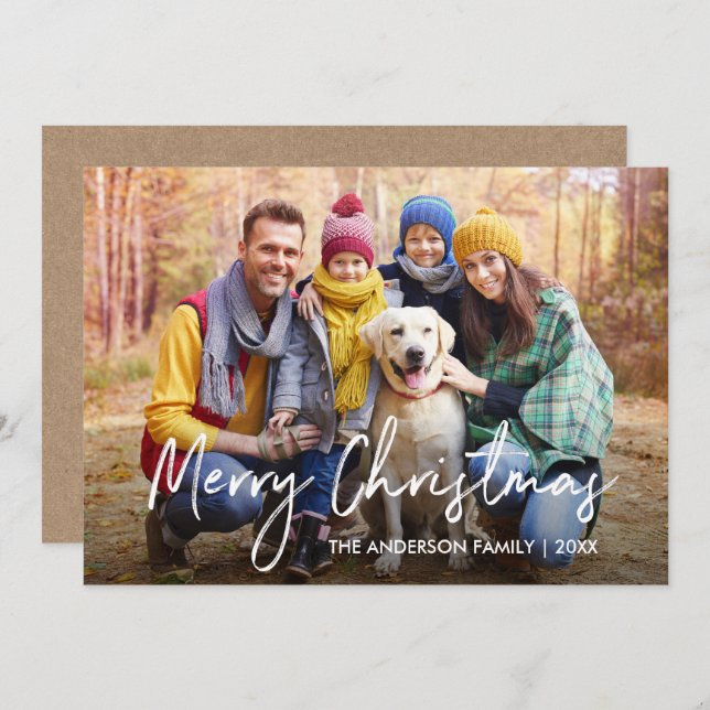 Handwritten Script Merry Christmas Photo Kraft Holiday Card (Front/Back)