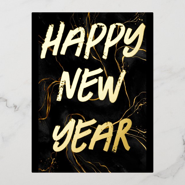 Handwritten Script Modern Gold Happy New Year Foil Holiday Postcard (Front)