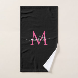 Handwritten Script Name Black and Pink Monogram Hand Towel