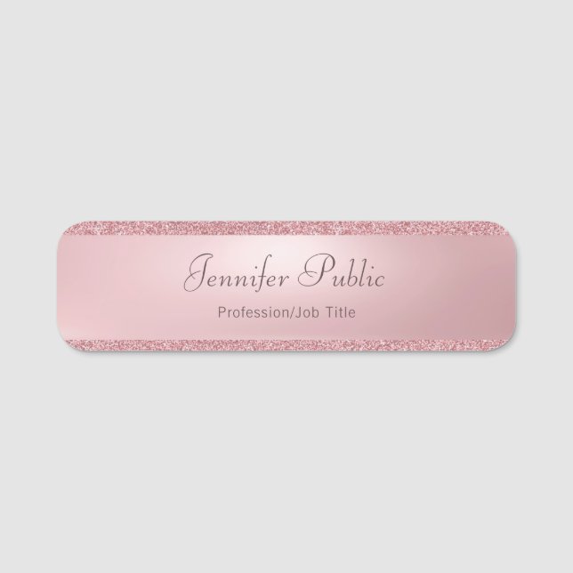 Handwritten Script Name Elegant Rose Gold Glitter Tag (Front)