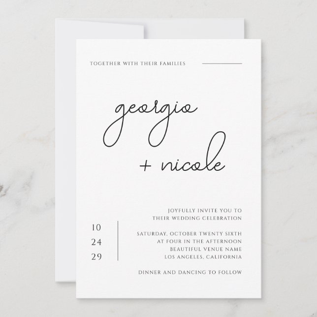 Handwritten Script Names Black and White Wedding Invitation (Front)