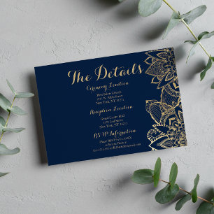 Handwritten script navy blue gold mandala details enclosure card