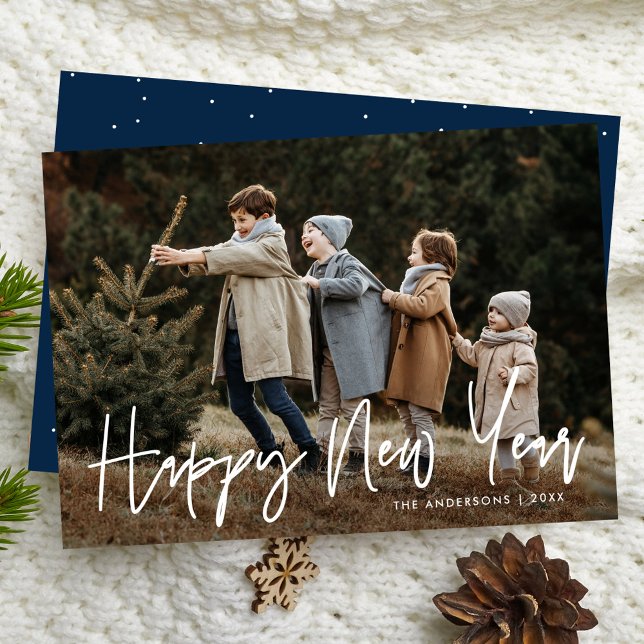 Handwritten Script Navy Happy New Year Photo Holiday Card (Creator Uploaded)