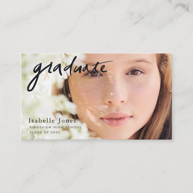 Handwritten Script Photo Graduate Business Card (Front)