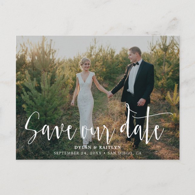 Handwritten Script | Photo Save Our Date Postcard (Front)