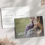 Handwritten Script | Photo Save the Date Announcement Postcard<br><div class="desc">A modern save the date postcard designed to accommodate your favourite horizontal or landscape oriented full-bleed engagement photo. "Save the date" appears near the bottom of your photo in white handwritten style script lettering, with your names, wedding date and wedding location beneath. Postcards reverse to show additional save the date...</div>