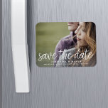 Handwritten Script | Photo Save the Date Magnet<br><div class="desc">A modern magnetic save the date designed to accommodate your favourite horizontal or landscape oriented full-bleed engagement photo. "Save the date" appears as an overlay along the bottom in white handwritten style script lettering,  with your names,  wedding date and wedding location beneath.</div>