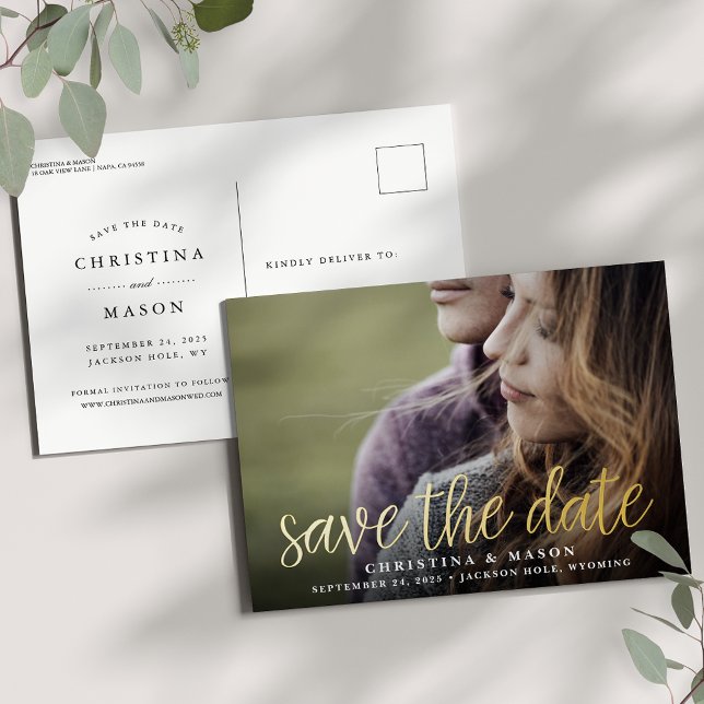 Handwritten Script | Photo Wedding Save the Date Foil Invitation Postcard (Creator Uploaded)