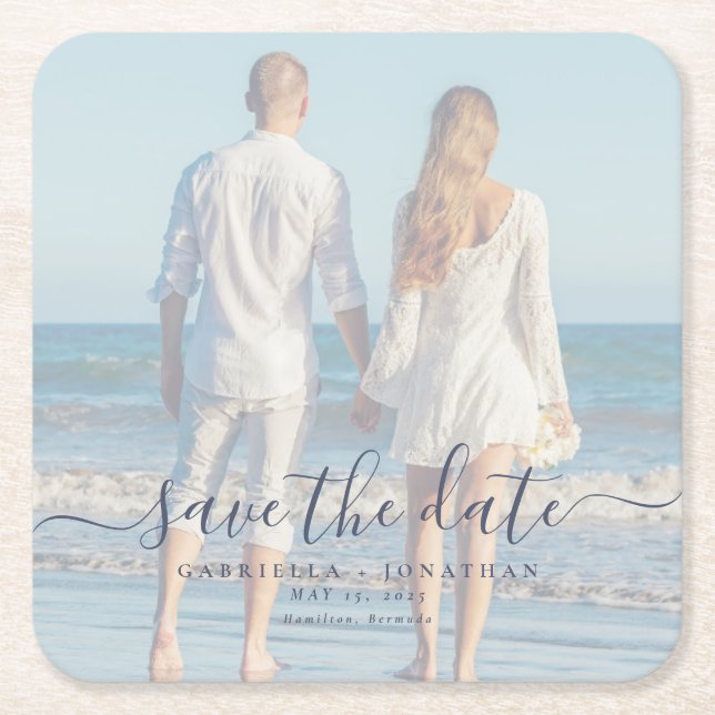 Handwritten Script Photo Wedding Save The Date Square Paper Coaster (Front)