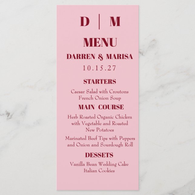 Handwritten Script Pink & Red Custom Wedding Menu (Front)