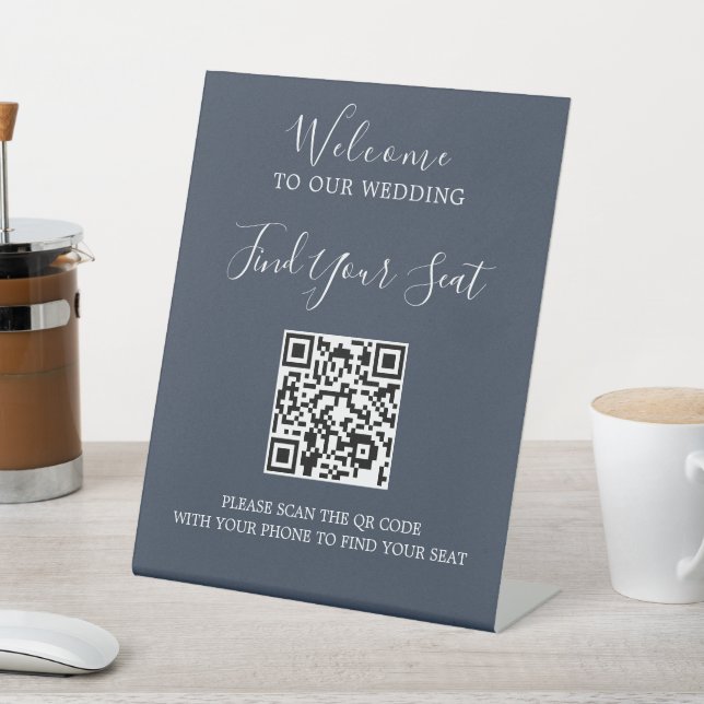 Handwritten script QR code wedding seating Pedestal Sign (In SItu)