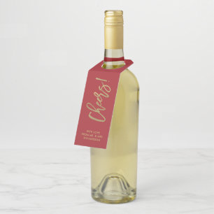 Handwritten Script   Red and Gold Holiday Cheers Bottle Tag