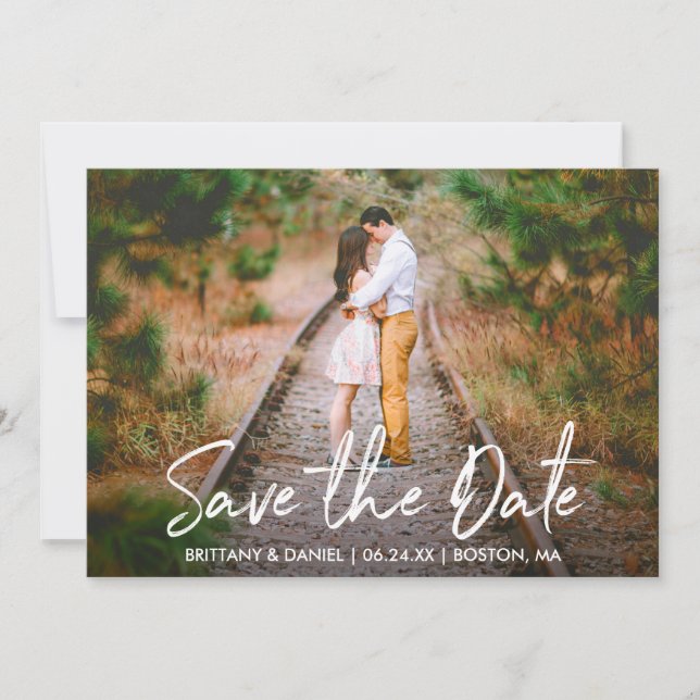 Handwritten Script Save the Date Couple Photo Card (Front)